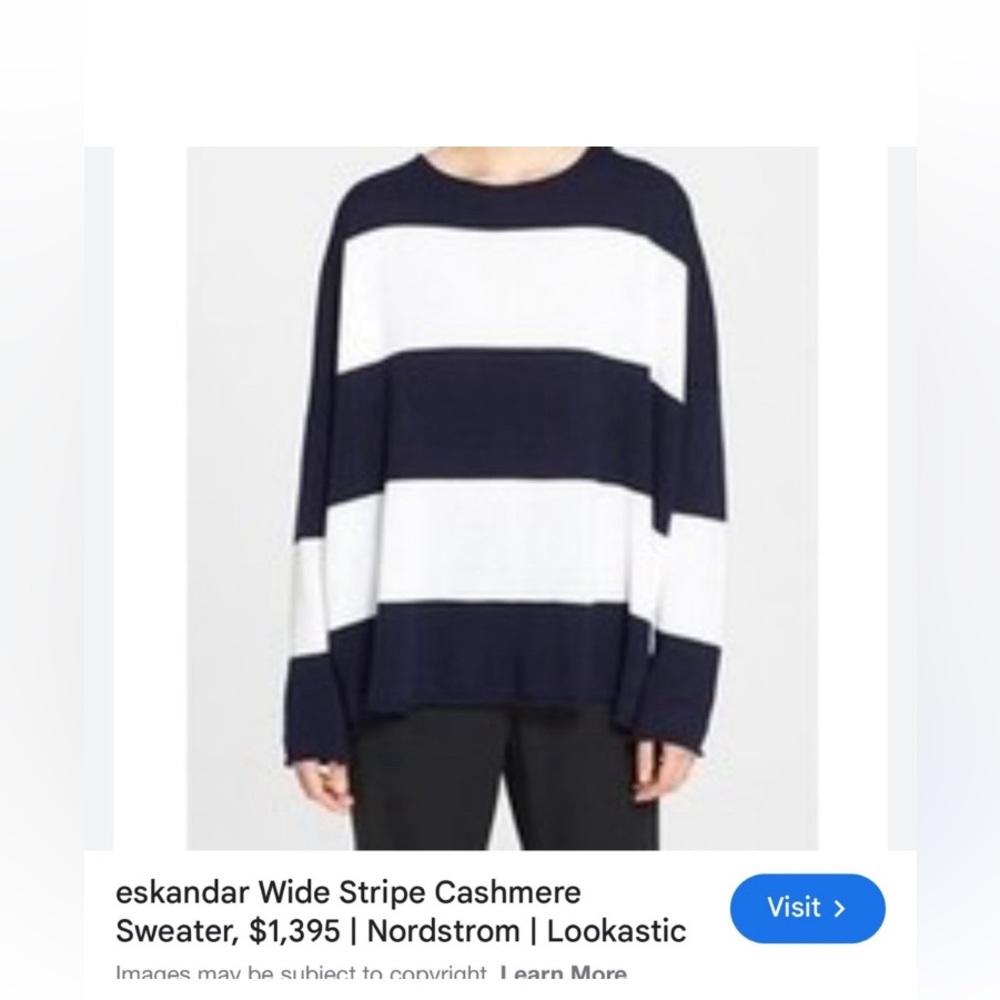 $1400 eskandar 100% cashmere pullover striped sweater navy blue cream 60” bust